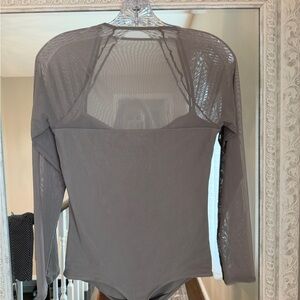 Abercrombie & Fitch Taupe Long-Sleeve Mesh-Panel Bodysuit